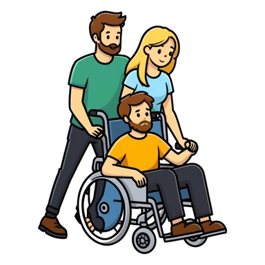 A bearded Brown haired man in a wheel chair with long blonde haired mom pushing the wheel chair sticker