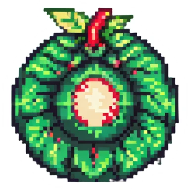 Green digital bomb animation frame 4, round bomb body with green highlights, tiny leaf-shaped fuse at top, intense green glow, about to explode, nature-inspired design, pixel art style sticker
