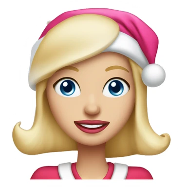 Beautiful blonde blue eyed woman, pink lips, wearing santa hat, wearing red top sticker