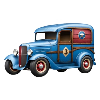 A very fast racing 1934 body shell rustic old antique rat Chevrolet hot rodded moving van that’s blue and cherry pearl  sticker