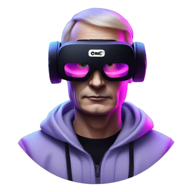 Putin wearing a black hoodie with "OMG" letters on it and VR headset oculus quest 2 in a cyberpunk VR environment with violet neon lighting. sticker