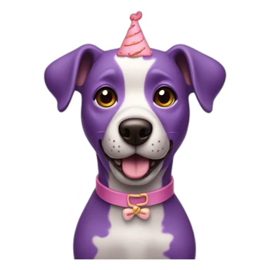 a purple dog with a brown nose and a pink collar with a bone eat cake sticker