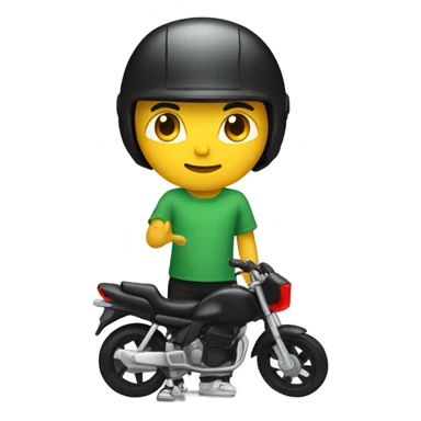 Boy with converse and green shirt, black pants, and black motorbike helmet with red visor with motorcycle outdoors sticker