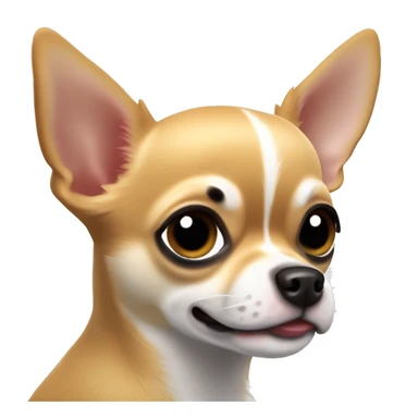 This Chihuahua is small with soft, light brown fur and darker markings on its face and ears. It has big, dark eyes and a playful look with its tongue slightly out. The ears are large and pointy, with a few white hairs at the edges. sticker