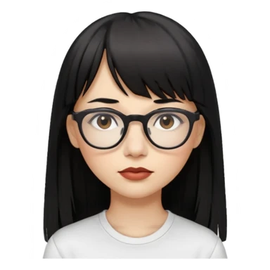 uma mulher snapchat icon, cor da pele normal, cabelo preto liso solto grande com franja, óculos pretos, com piercing na boca e nariz, olhos castanhos, camisa branca sticker