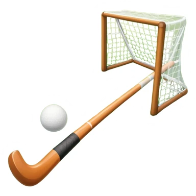 field hockey stick and ball on green grass field with goalposts in background sticker