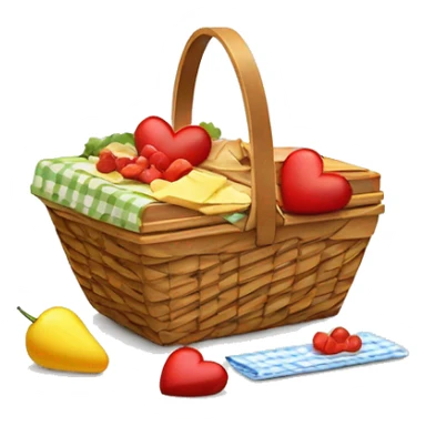 Heart shaped picnic basket with food in it and a white bow on the side of the basket sticker