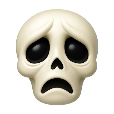 Make a sad skeleton face emoji exactly like the reference image, in iOS emoji style. Same expression, shape, and details, smooth and shiny. sticker