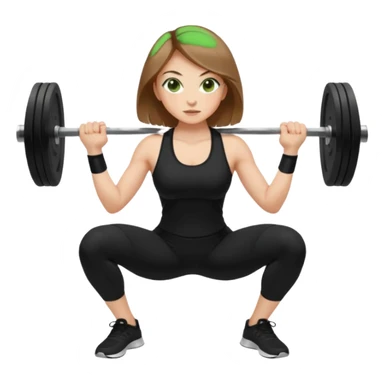 Beautiful woman with light brown shoulder length hair popping a squat without any weights. Make her with a little lighter, brown hair and green eyes. Make her fair skinned and wearing a black workout suit. sticker