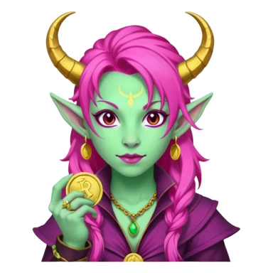 A D&D tiefling with pale green skin and long hot pink hair. She is a rouge and is obsessed with gold sticker