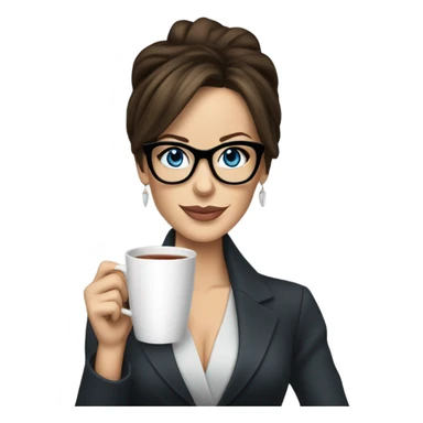 Hyper Realistic Kate Beckinsale blue eyes wearing glasses in a business dress drinking a cup of tea  sticker