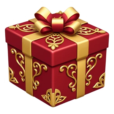Create a highly polished, 3D game UI–style gift box with a luxurious red and gold theme. gift box ,The square box features deep crimson-red panels with ornate gold metallic trim and filigree details along the edges.  sticker