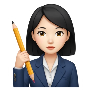 a korean cosmetics marketing expert women with black hair, holding a pencil sticker