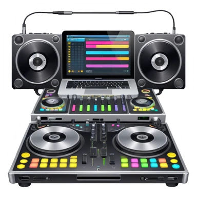 Create a professional and technical emoji that represents remixing music. The design should feature a high-end DJ controller, turntables with vinyl records, and a sound mixing console with faders to symbolize the technical aspects of remixing. Include elements like studio headphones and a laptop or digital audio workstation (DAW) screen to reflect the tools used in music production. Use colors like black, silver, and neon accents to convey the professional, high-tech nature of remixing. The background should be transparent. sticker
