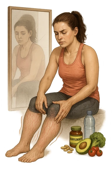 Donna tra i 25 e i 35 anni in abbigliamento sportivo, seduta o in piedi davanti allo specchio, mentre massaggia con forza le sue gambe gonfie, con espressione determinata ma affaticata. Intorno alle gambe si vedono simboli visivi di gonfiore e ritenzione (gambe leggermente arrossate, vene visibili, contorni delle gambe evidenziati da linee simboliche). Sullo sfondo: integratori naturali, alimenti sani e una bottiglia d’acqua, come strumenti di supporto. Atmosfera di lotta personale, luce neutra ma con accenti di speranza. Stile realistico e educativo sticker
