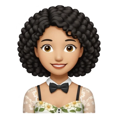 A young woman. She has voluminous, curly black hair that frames her face beautifully. Her skin tone is light Brown and glowing, and she has a subtle, natural makeup look. She’s smiling softly at the camera. She is wearing a white floral top with thin straps and a small bow tie detail in the front. sticker