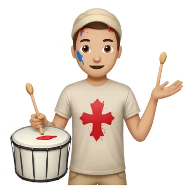 A loud fan, simple tee shirt with paint on his cheeks with a marching drum, beating it with enthusiasm sticker
