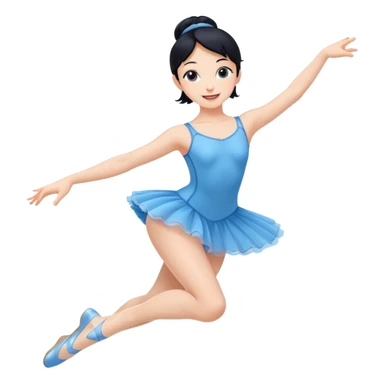 A lively black hair ballerina in a blue outfit, jumping mid-air with a bright smile. sticker