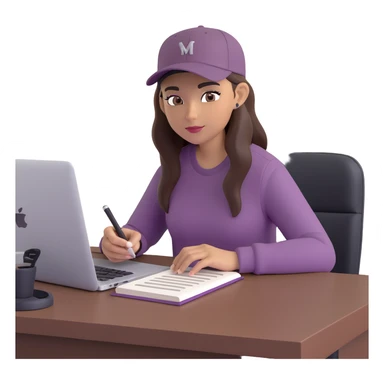 young woman with olive skin and long, dark brown hair, wearing a long-sleeved dark mauve shirt. She is wearing a black baseball cap.. She's sitting at a sleek wooden desk with a hardcover book, and to her right is a white coffee mug, while she looks and types on a silver MacBook.  sticker