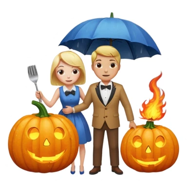 Make a guy hugging a giant pumpkin with a fork in his right hand while there's fire while there's a lady watching while it's raining while there's an umbrella on the ground that's alive and the sun has a bow tie on his neck sticker