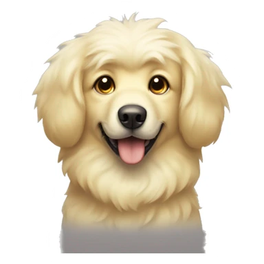 Fluffy light yellow dog with big dark ears and nose sticker