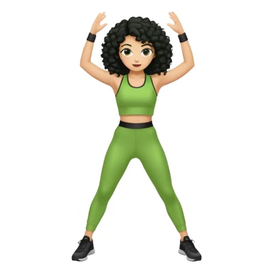 woman with olive skin and curly black hair wearing a green workout outfit and standing in a disco pose sticker