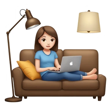 A girl is working with a laptop while lying on a sofa, with a floor lamp to the right. sticker