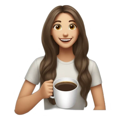 white young brunet woman with long flat hair with face visible huge smile and eyes wide open holding a cup of coffee the same size of her head sticker