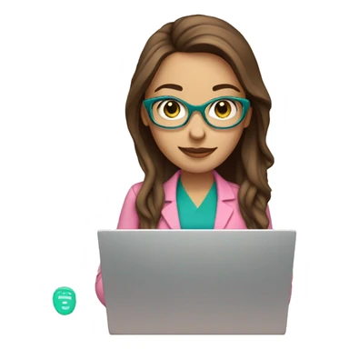 Female coding teacher featuring a laptop. She has long brunette hair, green eyes, fair skin, teal eye glasses and a pink feminine shirt sticker