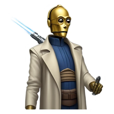 tarnished undercover tough well-equipped Jedi  life-sized darkblue-pearl C3po leather vest clothing pants and vest old west duster coat holding light saber sheriff sticker
