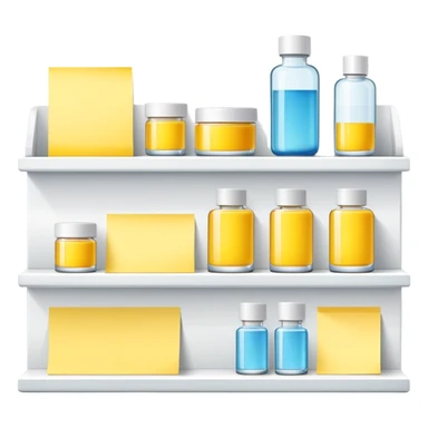 big long white shelf with luxury brand serum and big sticky note sticker