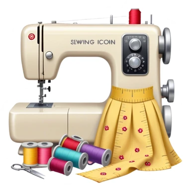 Sewing icon, measuring tape, pins, scissors, and a dress in progress, sewing machine with thread, visible needle, spools of thread, fabric pieces cut according to patterns, minimalistic style, clean lines, transparent background. sticker