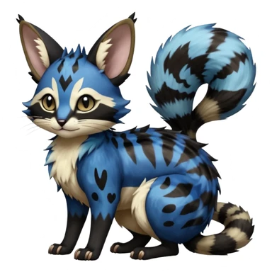  ink-black fur laced with oil-slick bronze and abyssal cobalt runes fur with random dark markings beautiful elegant pretty precious cute  Fakémon-Pokémon-opossum-feline-serval-caracal-chinchilla-Furret-Minccino-hybrid-creature with a big fluffy bushy tail (full body) sticker