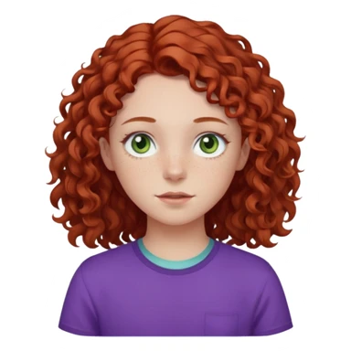 pale white teen girl with light blueish green eyes and freckles with brownish red curly middle part hair and purple shirt sticker