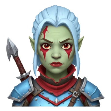 Fantasy Christmas orc legion soldier icon, iron tundra army theme, heavy winter armor, disciplined brutal look, cold steel armor cracked with frozen crimson lines, bloodfrost effect, icy blue and dark red color palette, minimal clean emoji style, female variant sticker