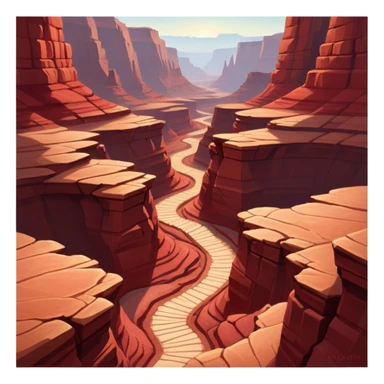 Cinematic Realistic Canyon Emoji, Vast and rugged, with deep red rock formations and winding paths leading down to a dry, dusty floor. Sunlight casts long shadows across the craggy surfaces, highlighting the layers of ancient rock. Soft glowing outline, capturing the essence of dramatic beauty and ancient history in a mighty canyon. sticker