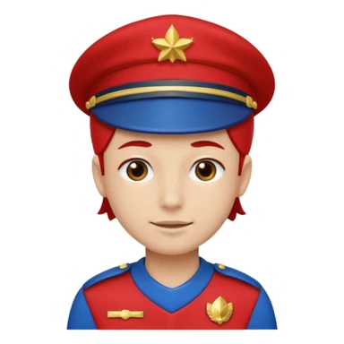 Vendeur comptoir habiller en rouge portant une casquette bleu sticker