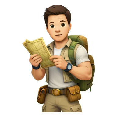 Icon for Adventure Movie: Mark Wahlberg in a jungle setting, holding a treasure map and surrounded by adventure gear. Behind him, ancient ruins rise through the dense foliage. Exciting, action-packed atmosphere with vivid jungle details. Transparent background. sticker