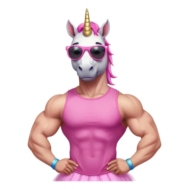 friendly anthropomorphised masculine unicorn with horse-like face, muscular bodybuilder build, in tutu and pink t-shirt, wearing dark sunglasses, standard pose, close-crop head and shoulders portrait sticker