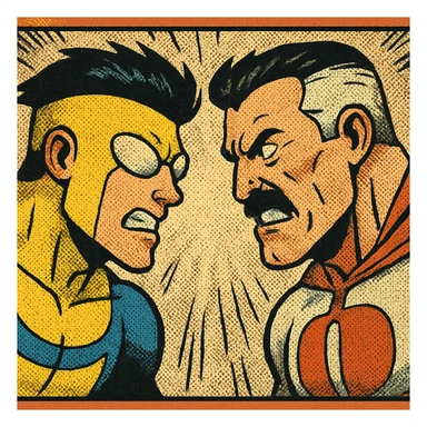 Invincible and Omni-Man facing off, intense expressions, comic book style, dramatic lighting sticker