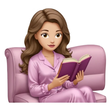 Woman with light tanned skin reading a book on Beige sofa. Long wavy brunette hair. Ivory silk pyjamas. Realistic. Foxeye with long lashes. Pinky mauve lips. sticker
