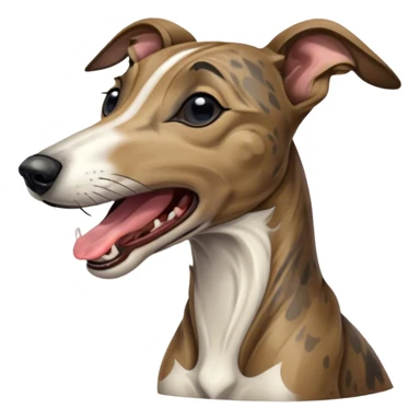 Cinematic Cute Yawning Brindle Greyhound Portrait Emoji, Head tilted slightly with a dramatic, wide-open yawn, showcasing a smooth brindle Fur with a refined pattern, floppy ears slightly drooping, round eyes barely open in drowsy contentment, Simplified yet irresistibly adorable features, highly detailed, glowing with a soft, cozy glow, high shine, relaxed yet expressive, stylized with a touch of whimsy, bright and endearing, soft glowing outline, capturing the essence of a sleepy yet affectionate racer, so drowsy it feels like it could stretch out of the screen and curl up for a nap! sticker