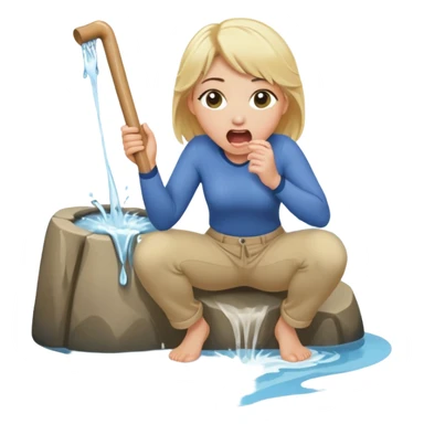 blond woman kneeling, surprised expression, a wide skin-colored stick with a D-shaped knob with skin texture coming out of a pair of pants hanging in front of her face, water stream squirting from the flat side of the knob into her open mouth sticker