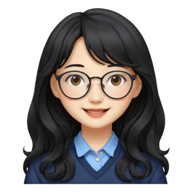 Please generate a portrait of a pretty girl with long, wavy, black hair. She's smiling. She also wears a middle parting and bangs. with glasses pink wonyoungsim from ive fom kpop group sticker