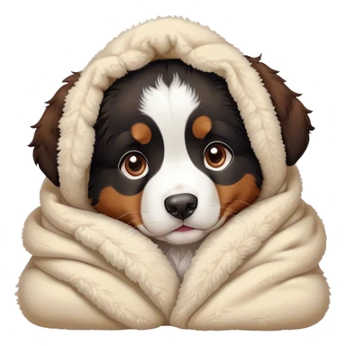 bernese mountain dog puppy cozy in a sherpa blanket, kawaii disney-style cute sticker