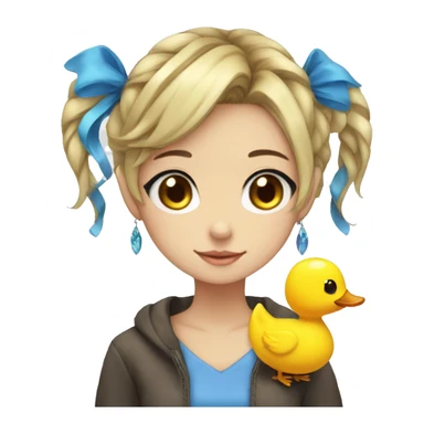an anime girl with blue eyes, fishbone earrings, and a ducky hairclip sticker