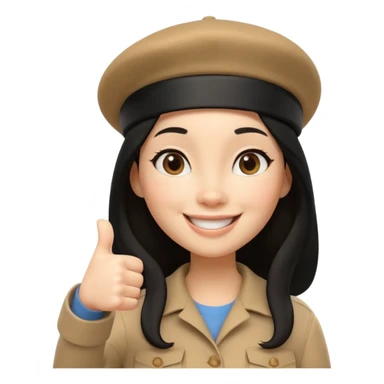 3D cartoon female character giving thumbs up, wearing beige beret, long black hair, smiling warmly with confident expression, clean white background, Pixar-style lighting, cute and friendly iPhone memoji aesthetic, high quality soft shading, centered composition sticker