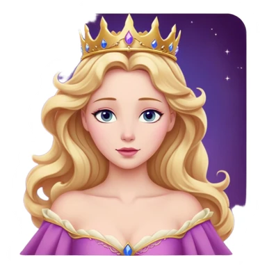 Cinematic Realistic Sleeping Beauty (Aurora) Portrait, with porcelain-like skin featuring a natural rosy flush, illuminated by soft lighting that highlights the gentle contours of her face. Her golden blonde hair flows in soft, detailed waves with subtle highlights that shimmer in the light. Her deep violet-blue eyes radiate warmth and innocence, framed by arched brows and long lashes. Her serene expression exudes quiet elegance. She is dressed in her classic pink gown, the fabric rich in texture with delicate folds that catch the light. A golden crown rests atop her head, gleaming with royal refinement. The portrait captures a soft, glowing aura, blending realism with an ethereal sense of beauty and timeless enchantment. sticker