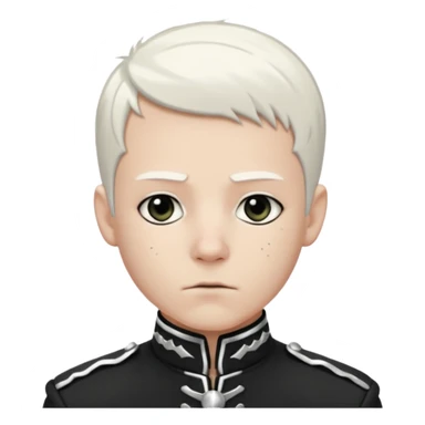 Head and shoulders emoji of a pale man with short white hair, wearing a black marching band jacket with silver trim. black eyeliner. Expression stoic, commanding, and theatrical, heroic emo style sticker