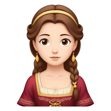 Cinematic Serene Belle Portrait Emoji, rendered in a simplified vector style. Depict a gentle Belle (chest and above) with fair, glowing skin, softly cascading brown hair, and a calm, inviting expression, dressed in her traditional village dress. The image exudes a soft, luminous glow and is outlined with a subtle, warm light. sticker
